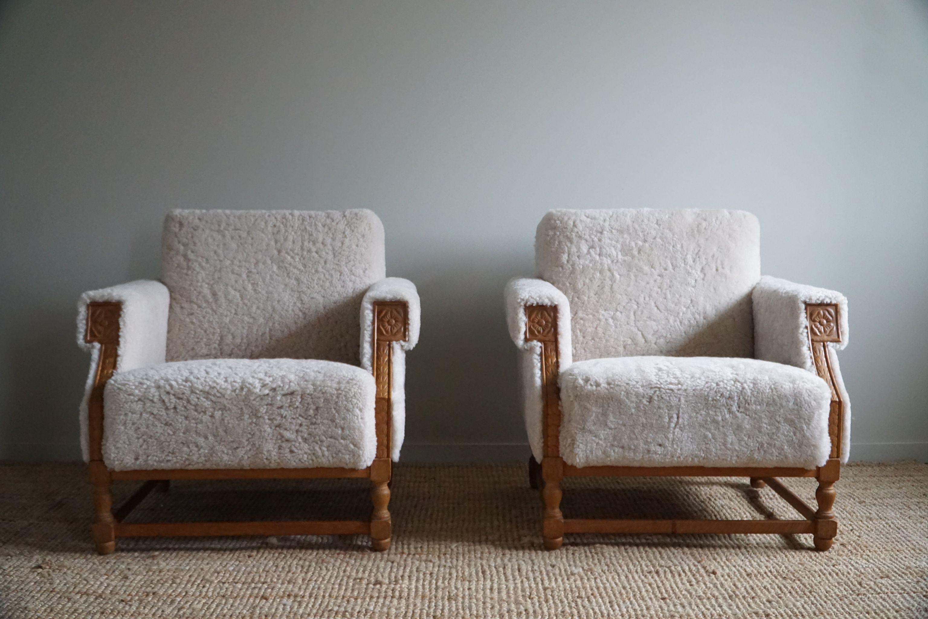 Pair of Danish Mid-Century Modern Lounge Chairs in Shearling Lambswool, 1950s 10