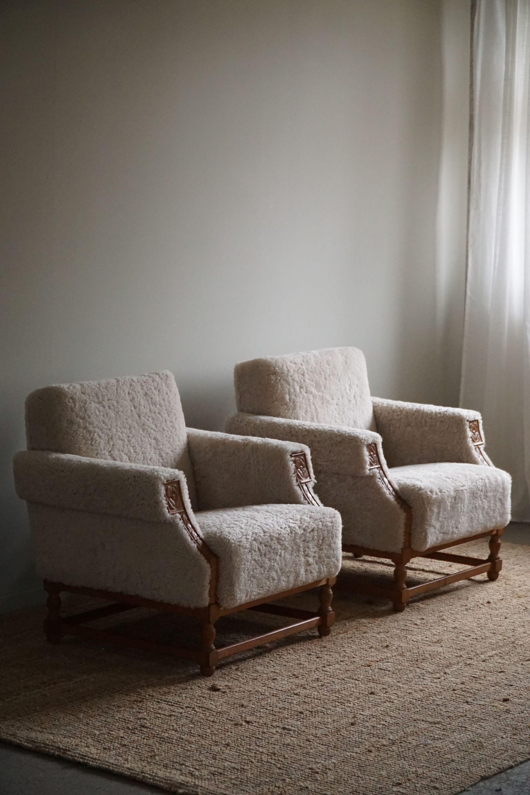 20th Century Pair of Danish Mid-Century Modern Lounge Chairs in Shearling Lambswool, 1950s
