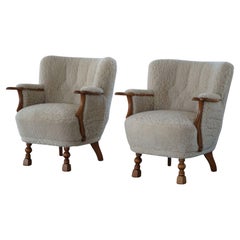 Pair of Danish Mid-Century Modern Lounge Chairs in Shearling Lambswool, 1950s