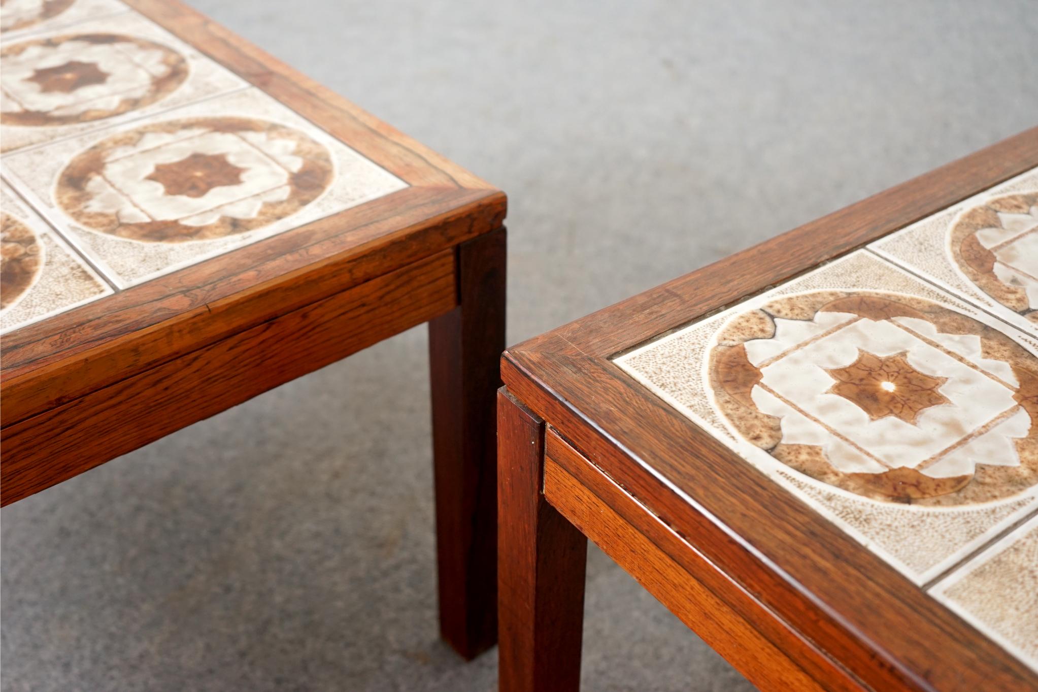 Rosewood & tile side table pair, circa 1960's. Rosewood framed tiled top offers a surface that can 
