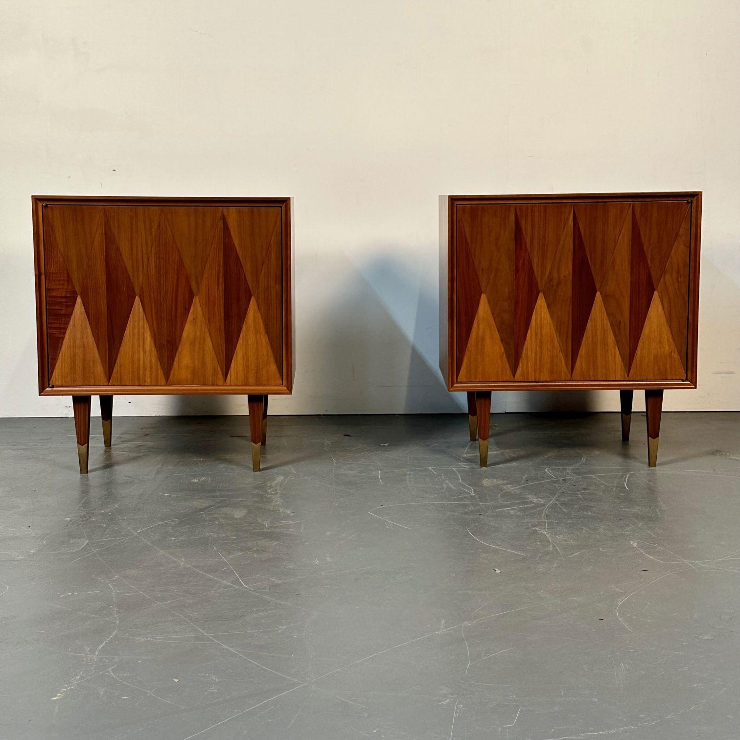 Wood Pair of Danish Mid-Century Modern Style Geometric Nightstands, Walnut, Brass For Sale