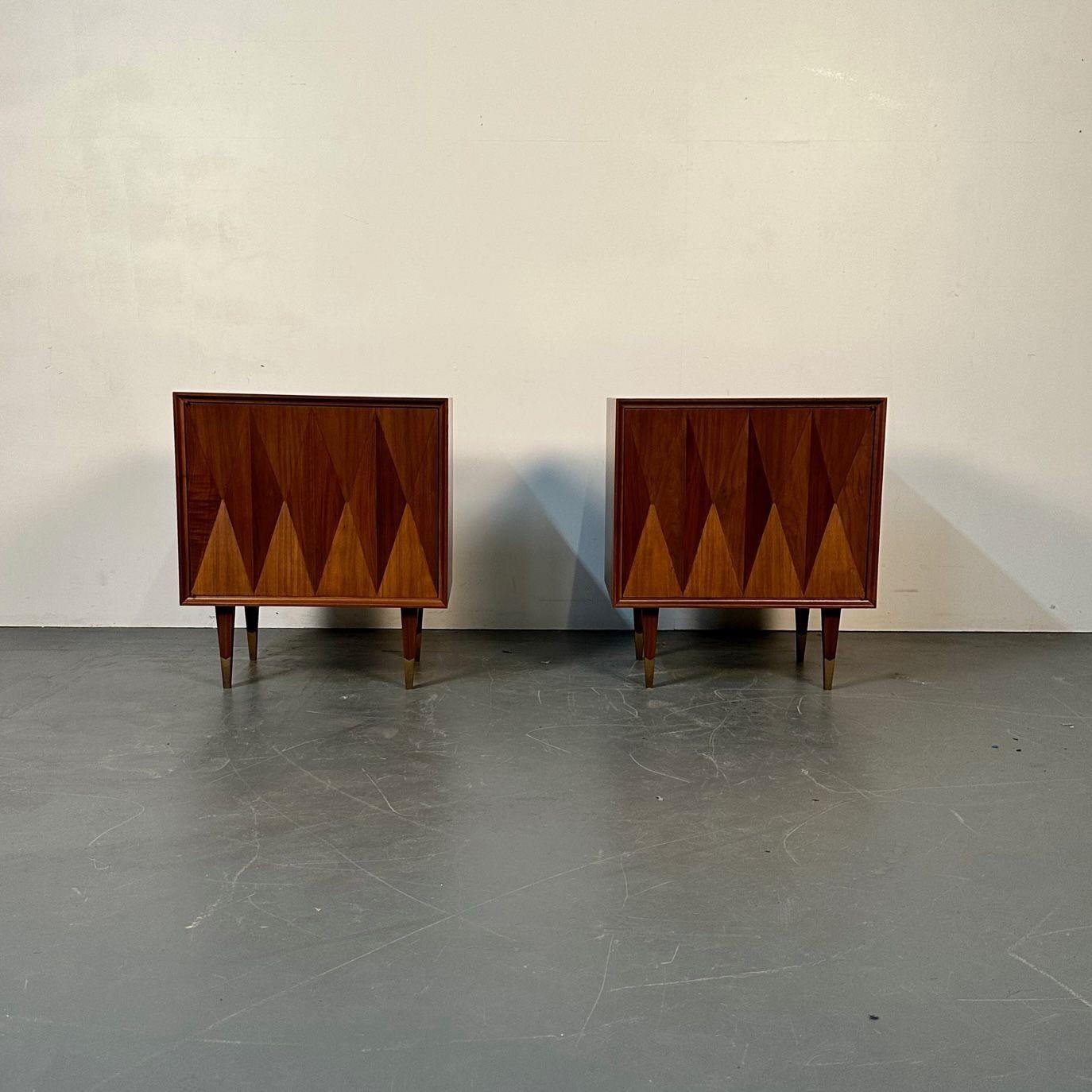 Pair of Danish Mid-Century Modern Style Geometric Nightstands, Walnut, Brass For Sale 1
