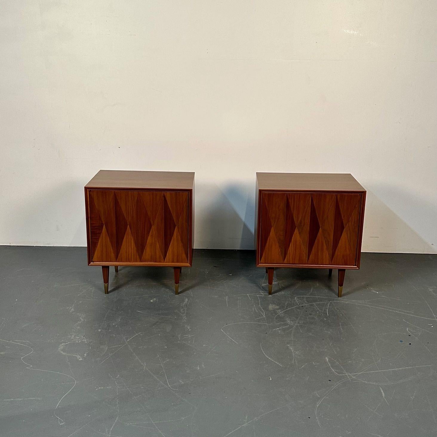 Pair of Danish Mid-Century Modern Style Geometric Nightstands, Walnut, Brass For Sale 2