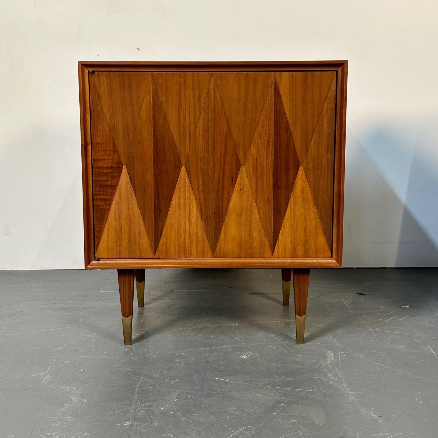 Pair of Danish Mid-Century Modern Style Geometric Nightstands, Walnut, Brass For Sale 4