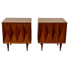Pair of Danish Mid-Century Modern Style Geometric Nightstands, Walnut, Brass