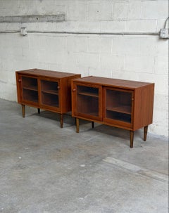 Pair of Danish Mid Century Modern Teak Glass Door Cabinets Display Bookcases