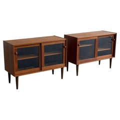 Pair of Danish Mid Century Modern Teak Glass Door Cabinets Display Bookcases