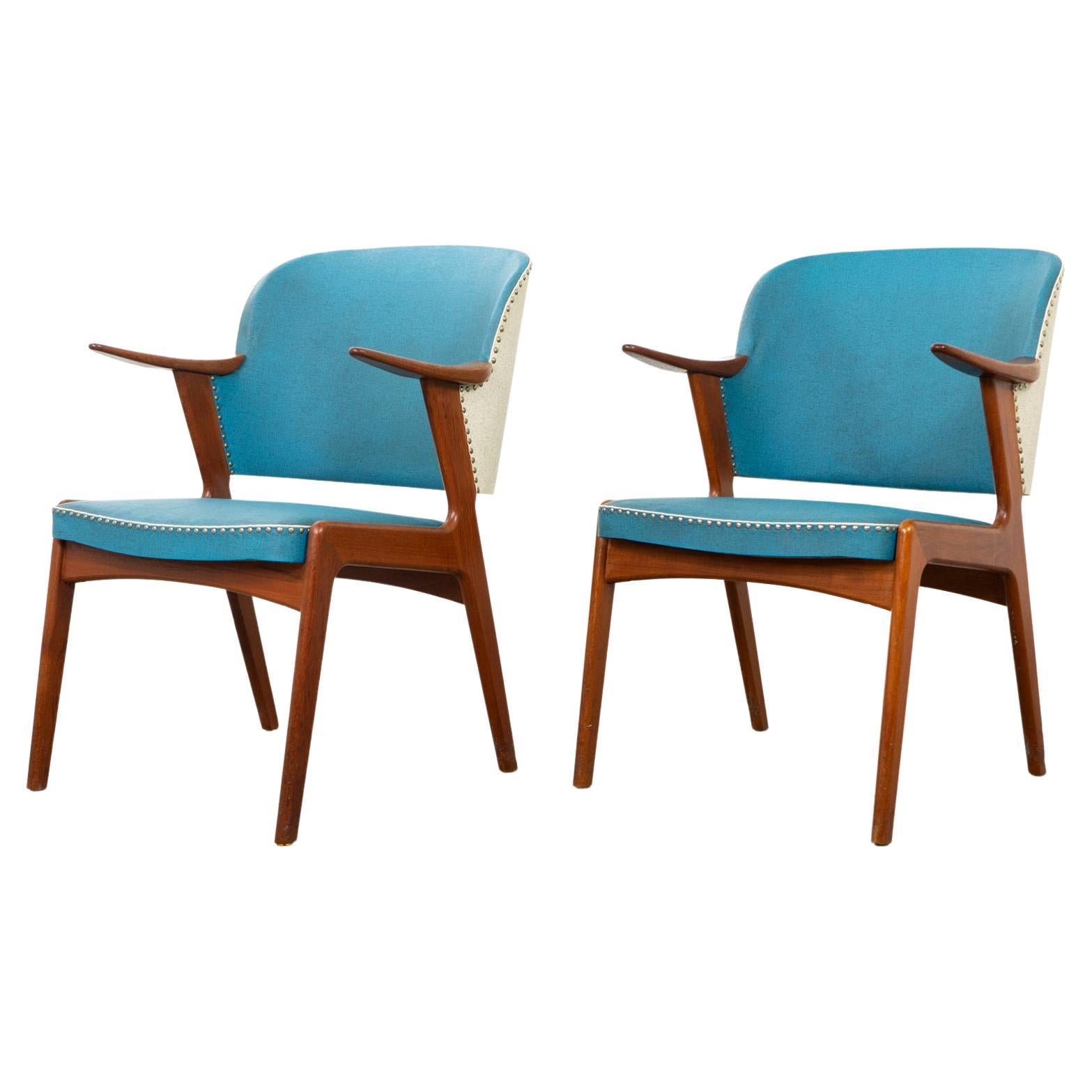 Pair of Danish Mid-Century Modern Teak & Vinyl Arm Chairs