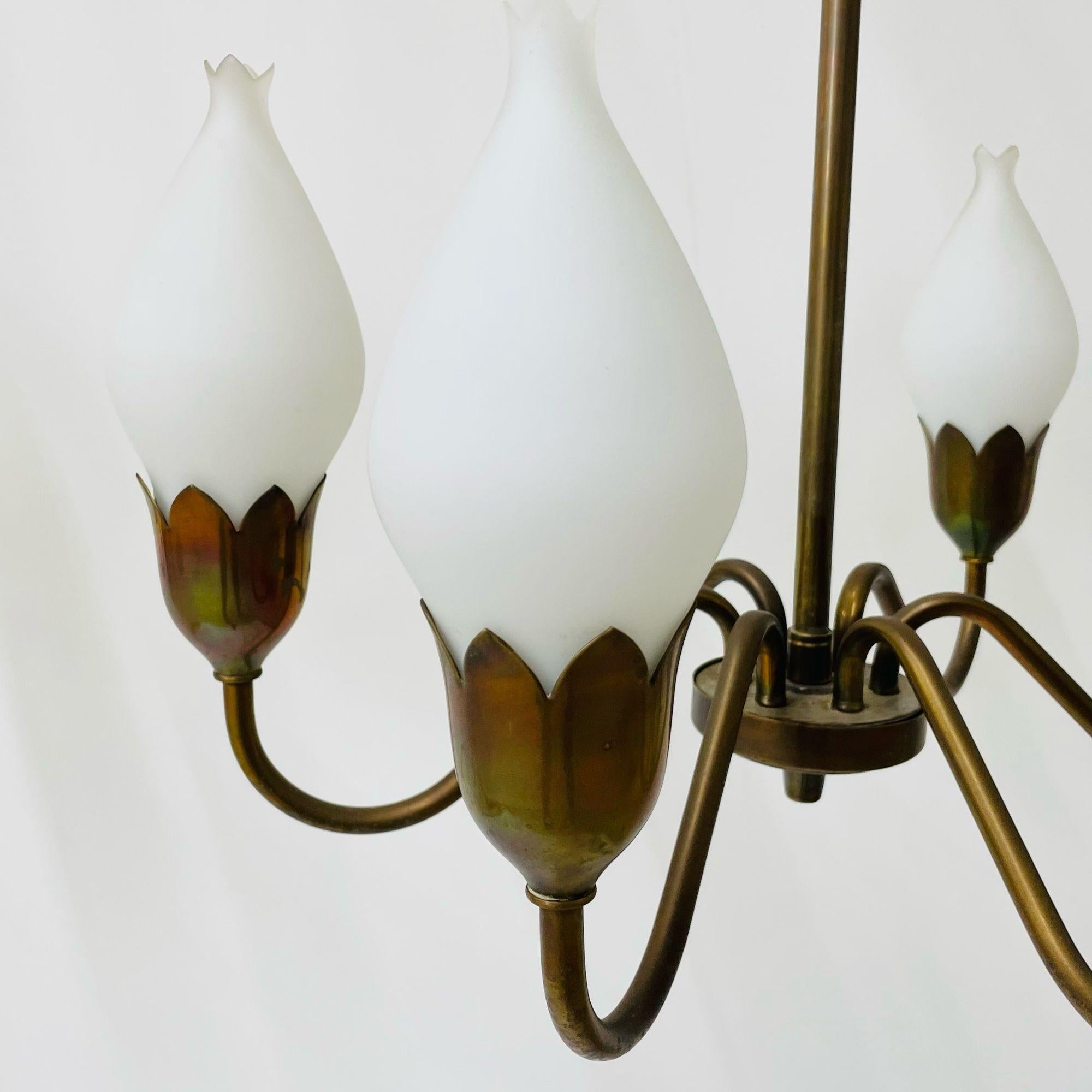 Pair of Danish Mid-Century Modern Tulip Form Chandeliers / Pendants, Opal Glass For Sale 8