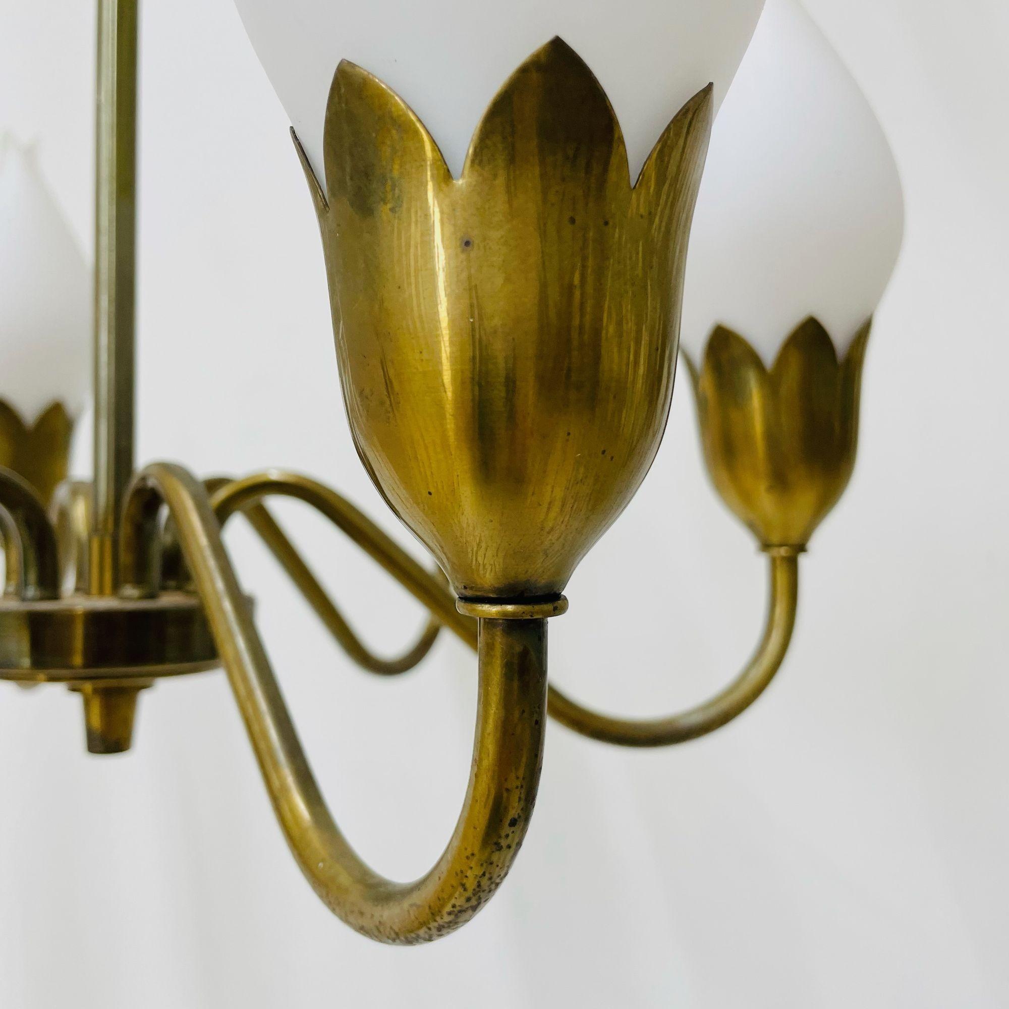 Pair of Danish Mid-Century Modern Tulip Form Chandeliers / Pendants, Opal Glass For Sale 11