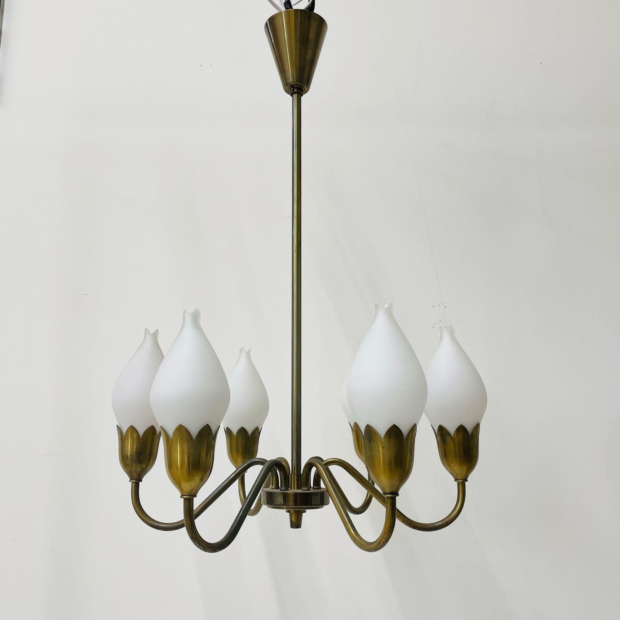 Pair of Danish Mid-Century Modern Tulip Form Chandeliers / Pendants, Opal Glass In Good Condition For Sale In Stamford, CT