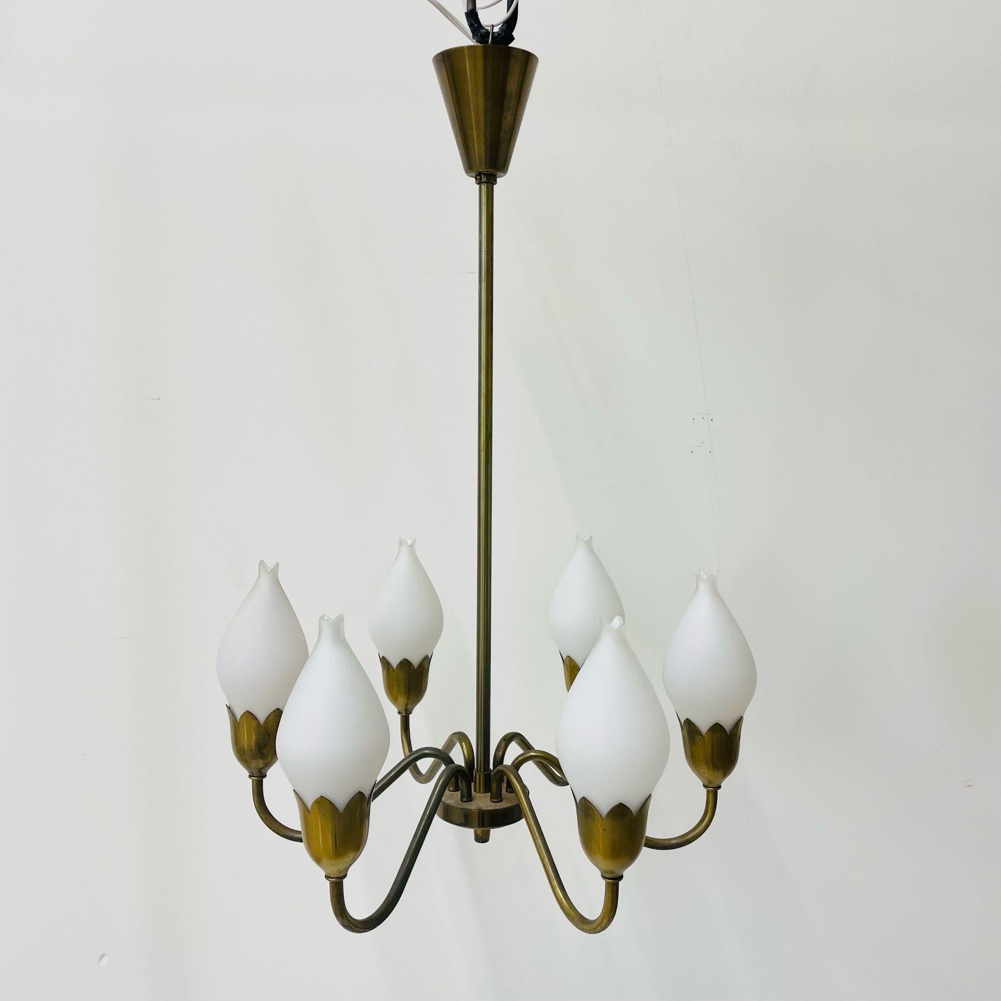 Mid-20th Century Pair of Danish Mid-Century Modern Tulip Form Chandeliers / Pendants, Opal Glass For Sale