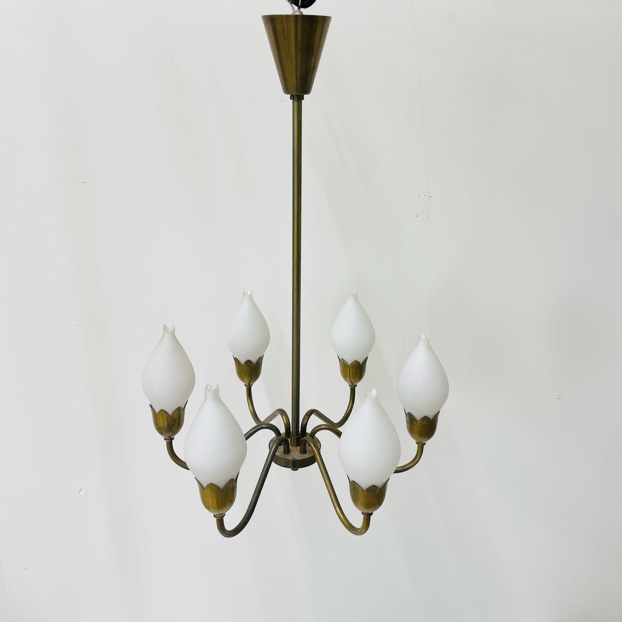 Brass Pair of Danish Mid-Century Modern Tulip Form Chandeliers / Pendants, Opal Glass For Sale