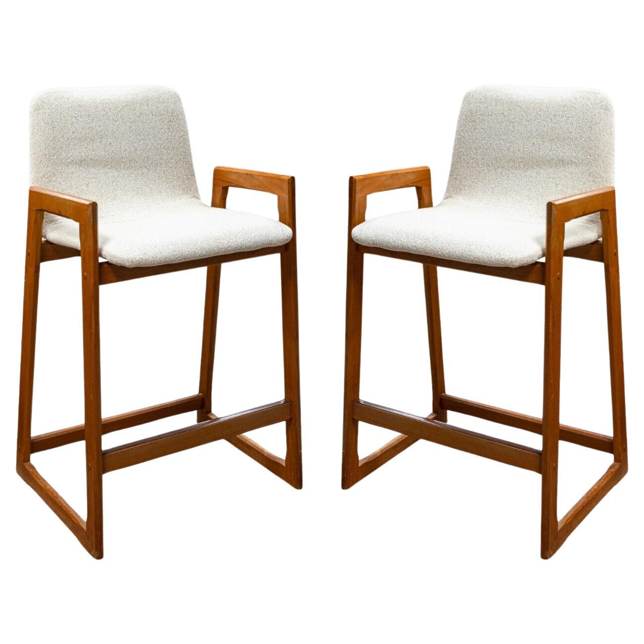 Pair of Danish Mid Century Modern White and Teak Counter Height Barstools For Sale