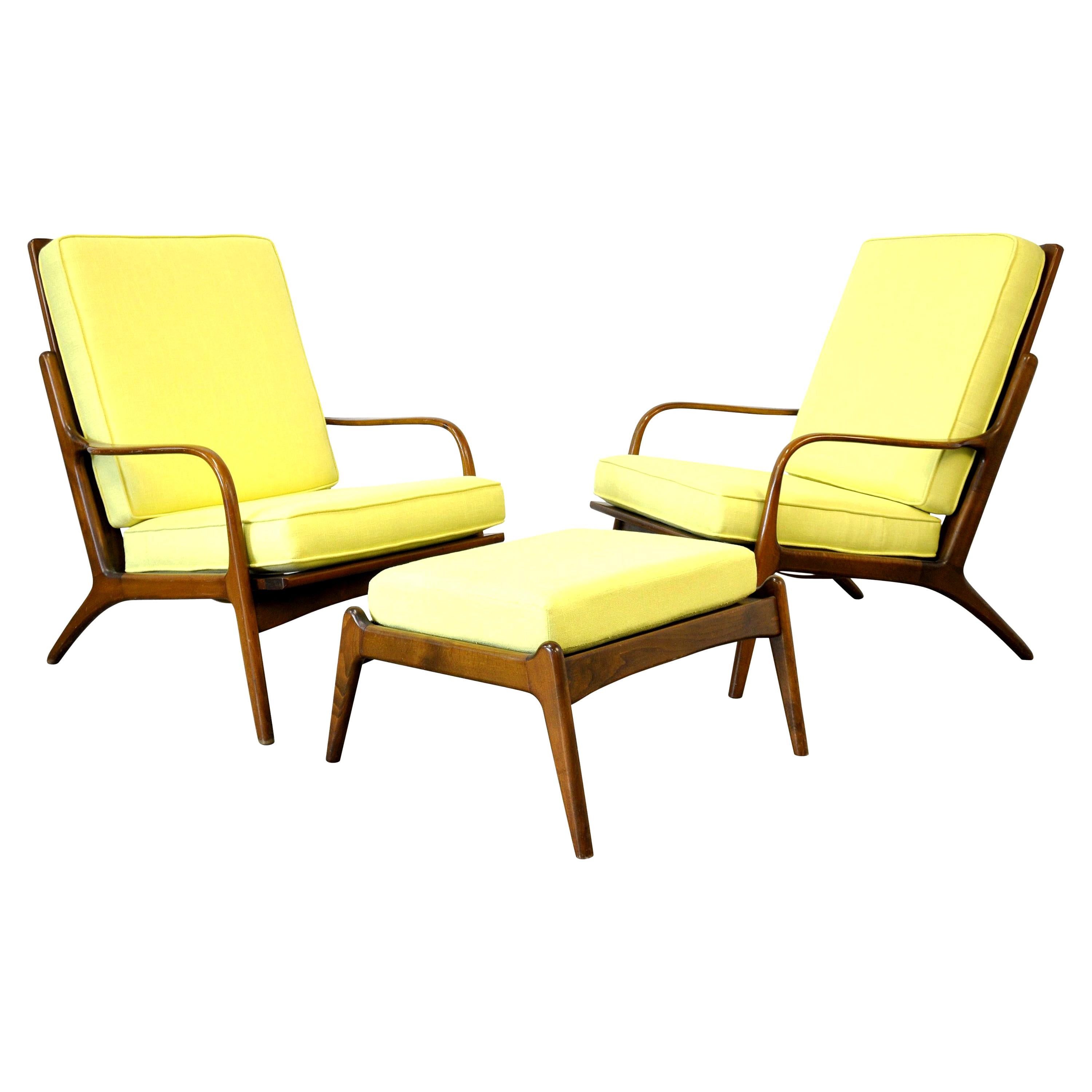 Pair of Danish Mid-Century Modern Yellow Lounge Chairs and Ottoman
