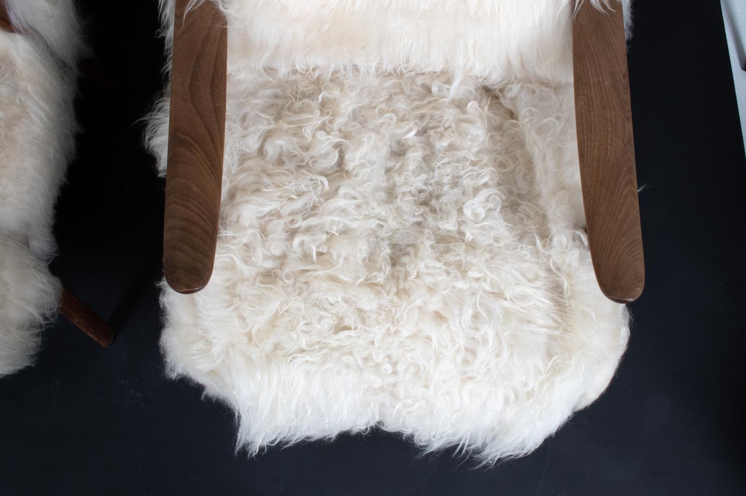 Pair of Danish Midcentury Mongolian Sheepskin Lounge Chairs & Ottomans For Sale 4