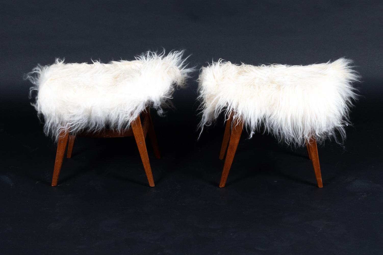Pair of Danish Midcentury Mongolian Sheepskin Lounge Chairs & Ottomans For Sale 5