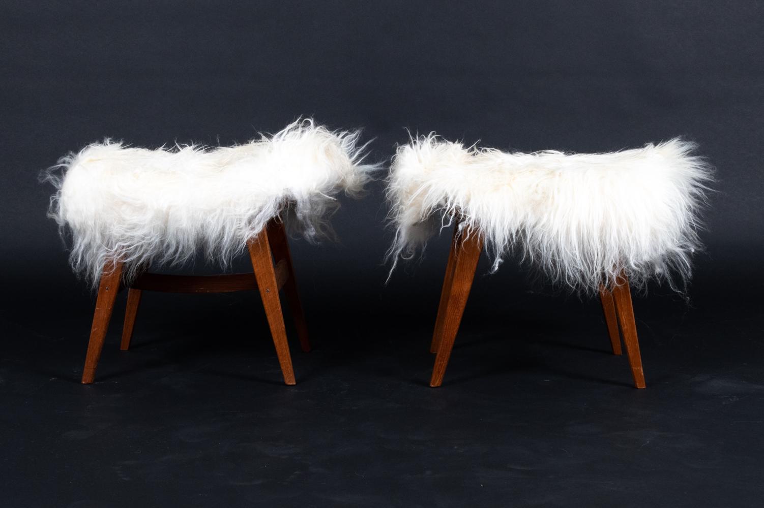 Pair of Danish Midcentury Mongolian Sheepskin Lounge Chairs & Ottomans For Sale 6