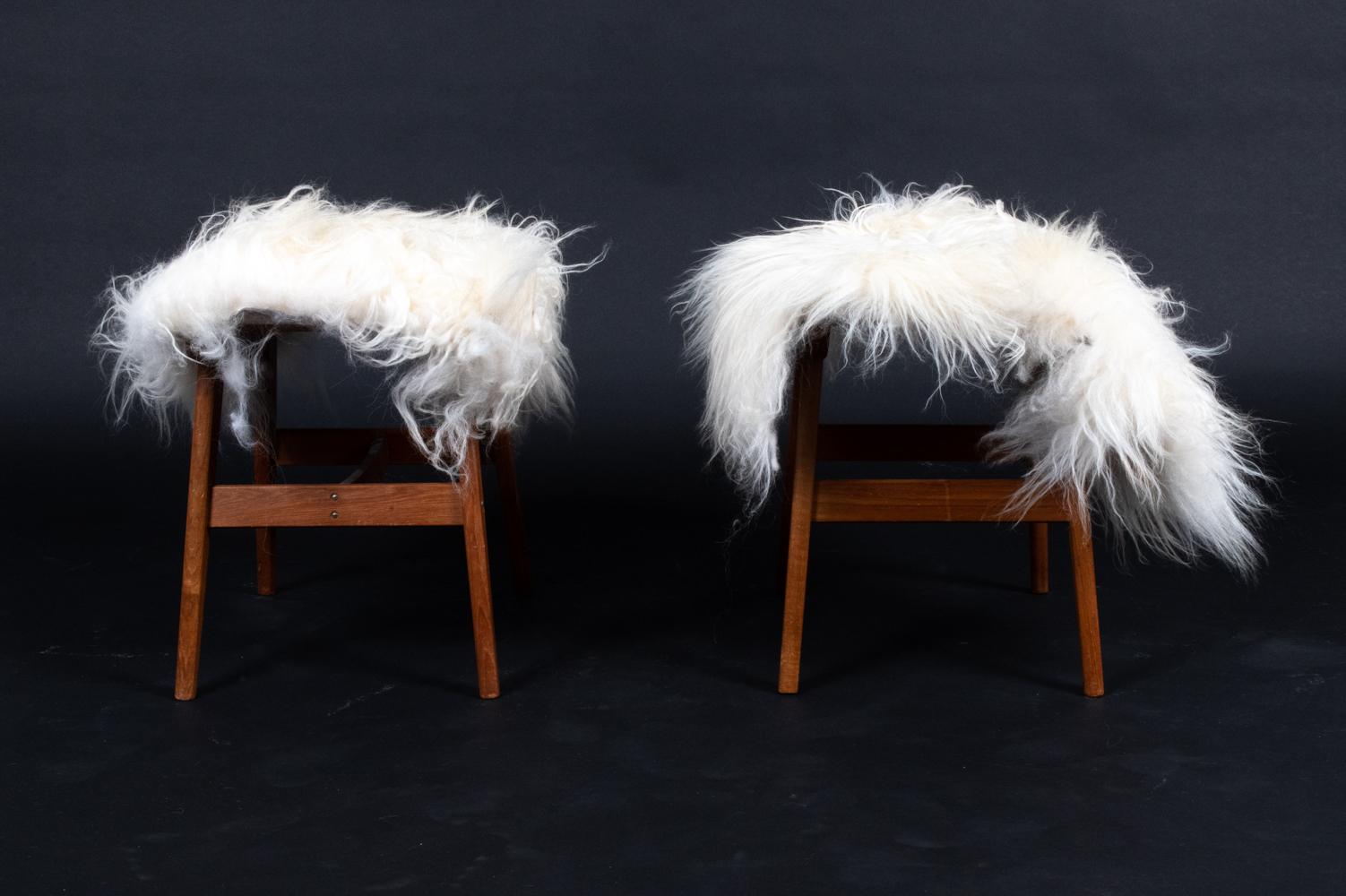 Pair of Danish Midcentury Mongolian Sheepskin Lounge Chairs & Ottomans For Sale 8