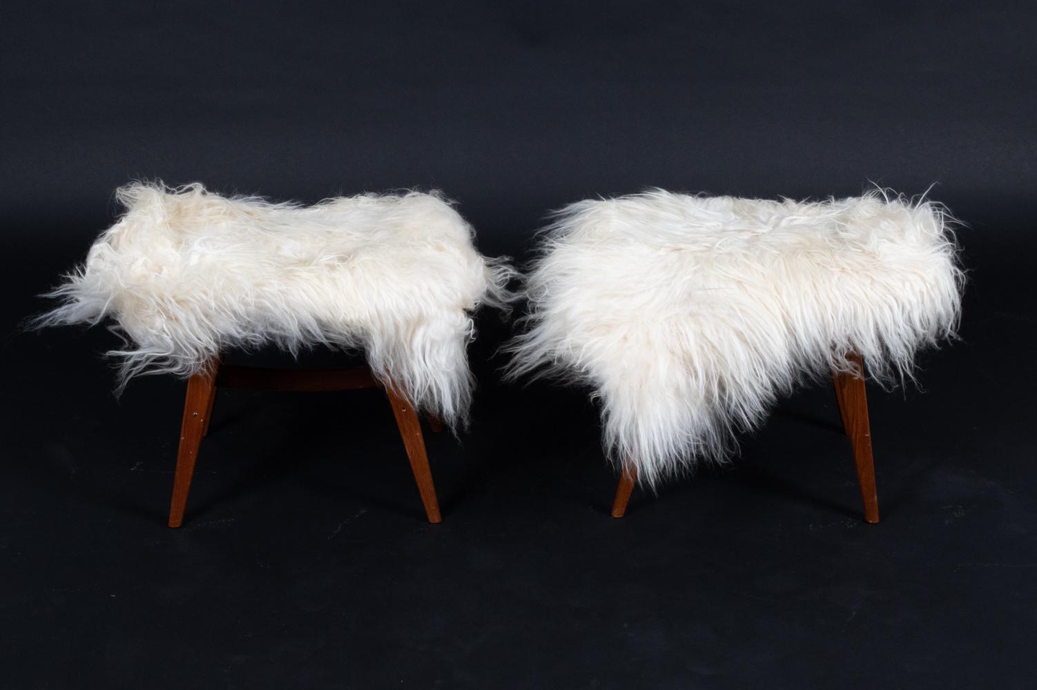 Pair of Danish Midcentury Mongolian Sheepskin Lounge Chairs & Ottomans For Sale 9