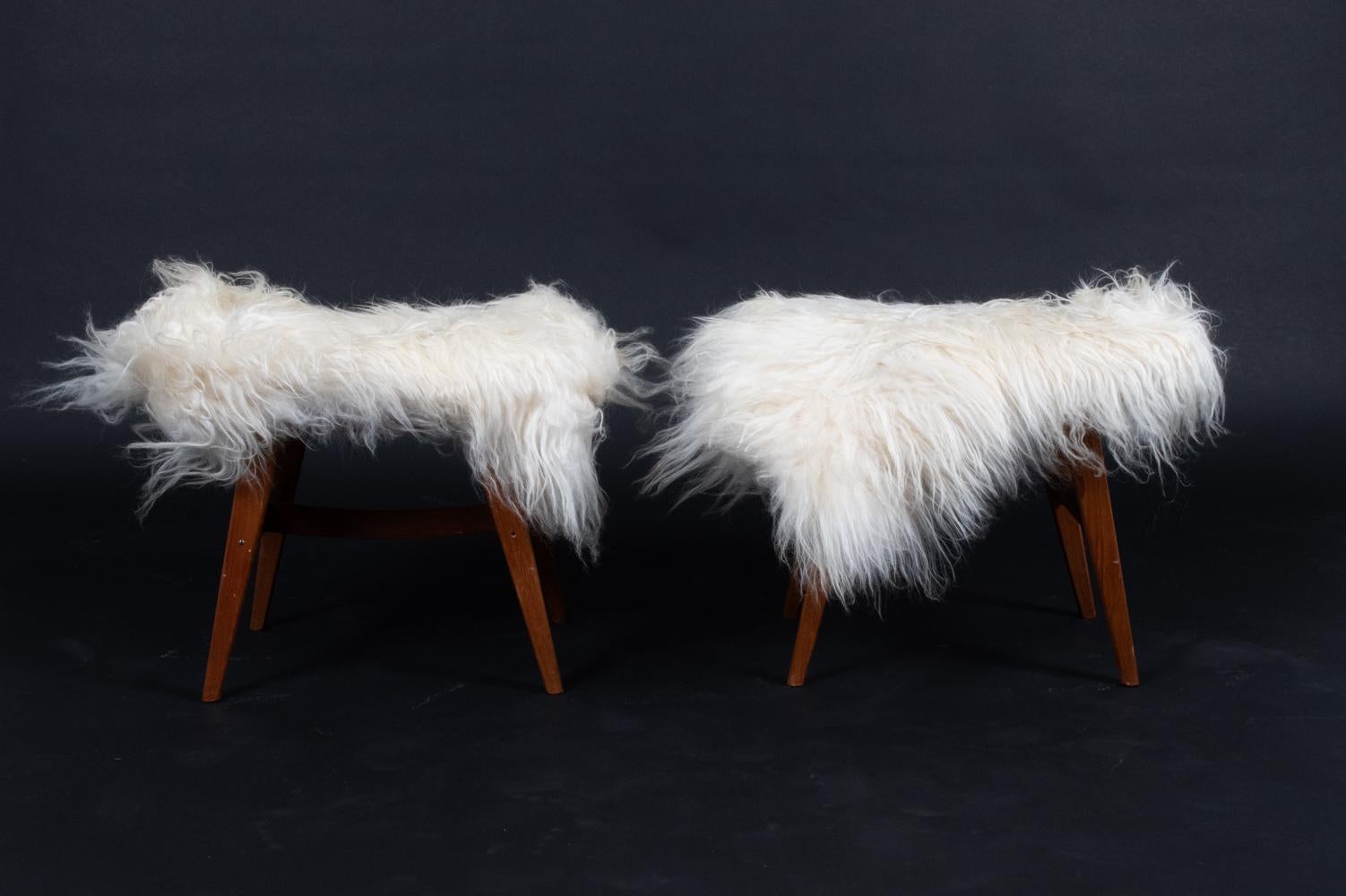 Pair of Danish Midcentury Mongolian Sheepskin Lounge Chairs & Ottomans For Sale 10