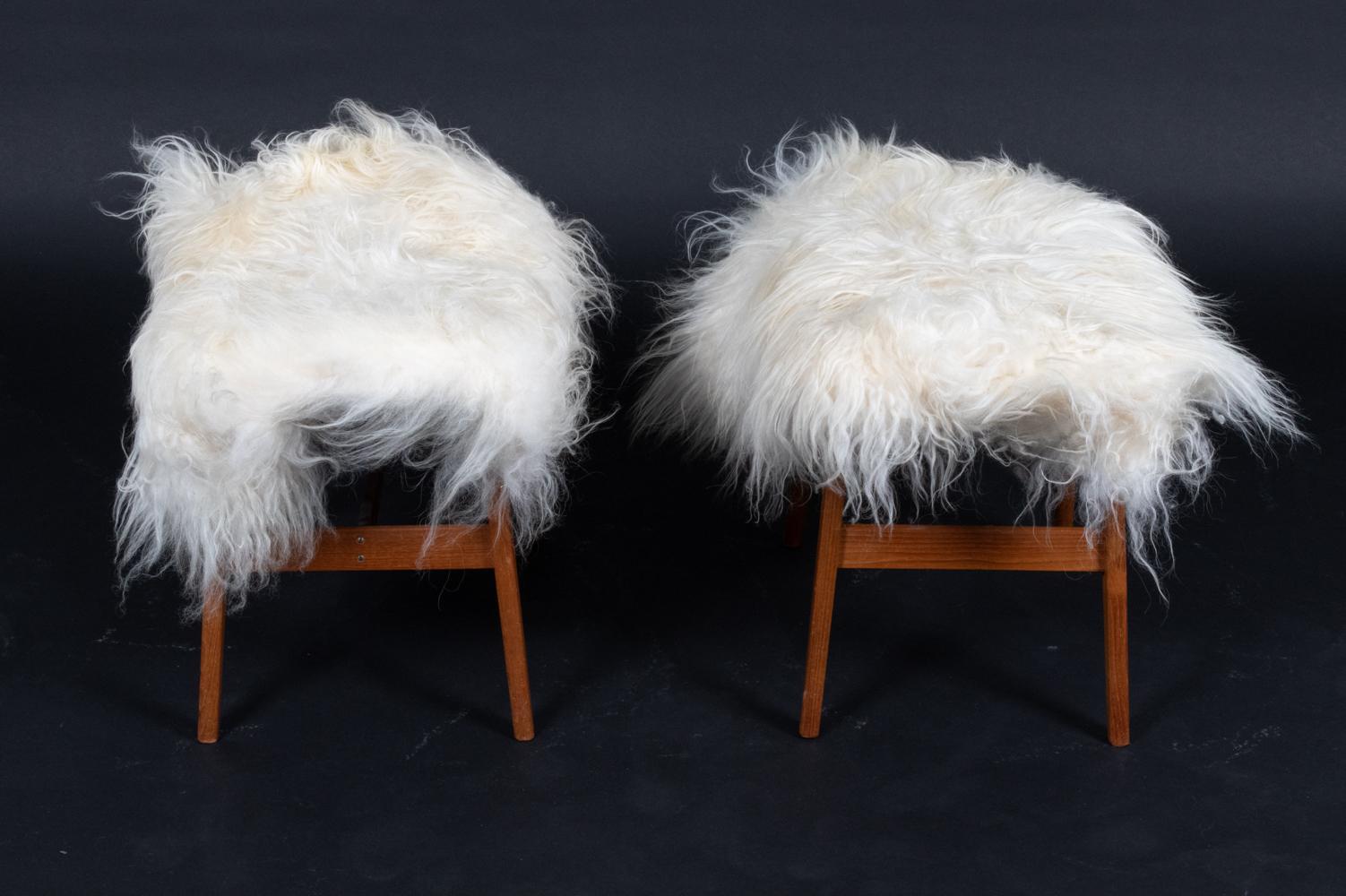Pair of Danish Midcentury Mongolian Sheepskin Lounge Chairs & Ottomans For Sale 11