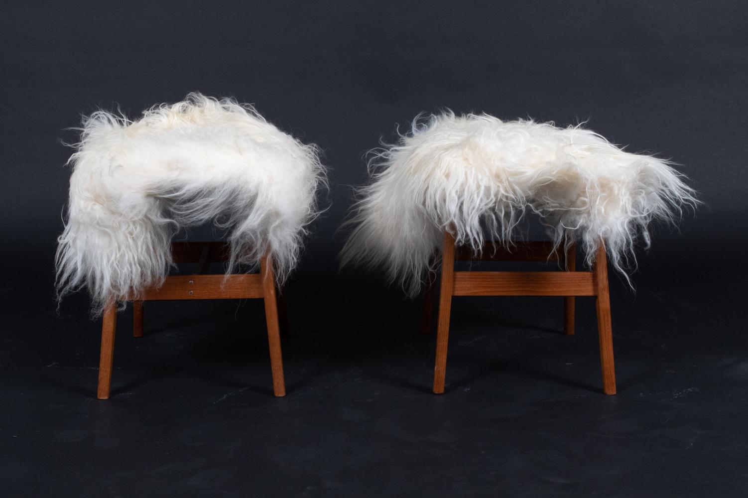 Pair of Danish Midcentury Mongolian Sheepskin Lounge Chairs & Ottomans For Sale 12