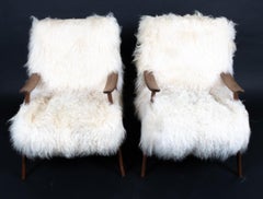 Pair of Danish Midcentury Mongolian Sheepskin Lounge Chairs & Ottomans
