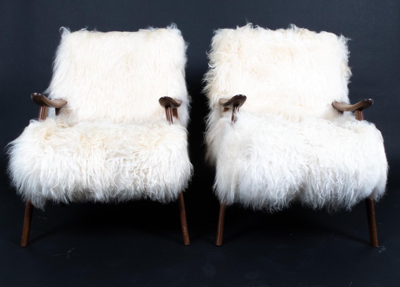 Scandinavian Modern Pair of Danish Midcentury Mongolian Sheepskin Lounge Chairs & Ottomans For Sale