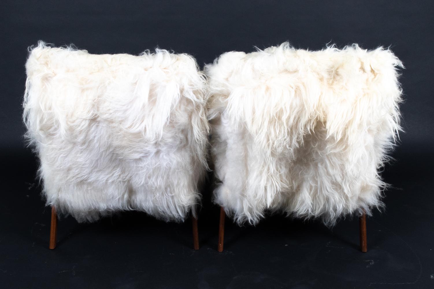 Mid-20th Century Pair of Danish Midcentury Mongolian Sheepskin Lounge Chairs & Ottomans For Sale