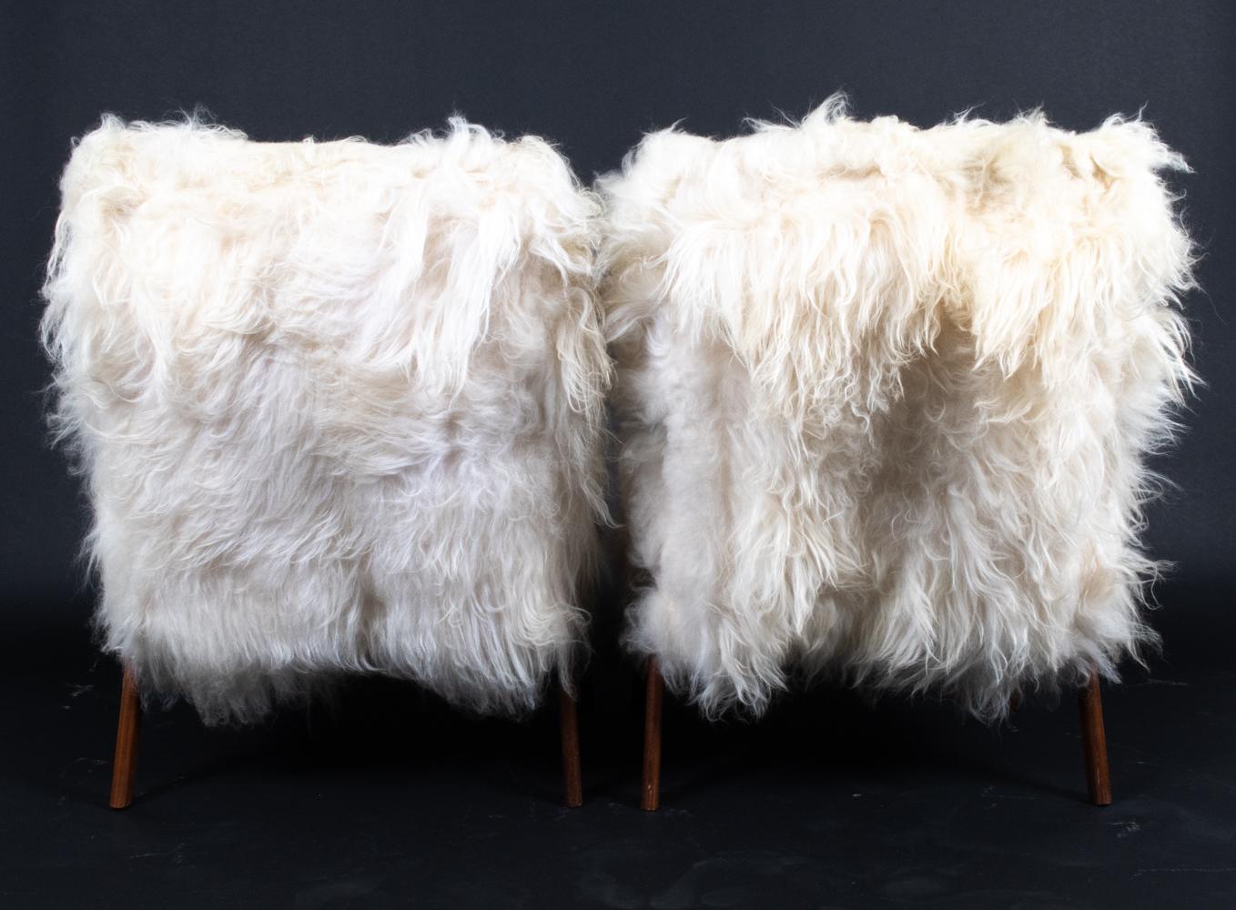 Wool Pair of Danish Midcentury Mongolian Sheepskin Lounge Chairs & Ottomans For Sale