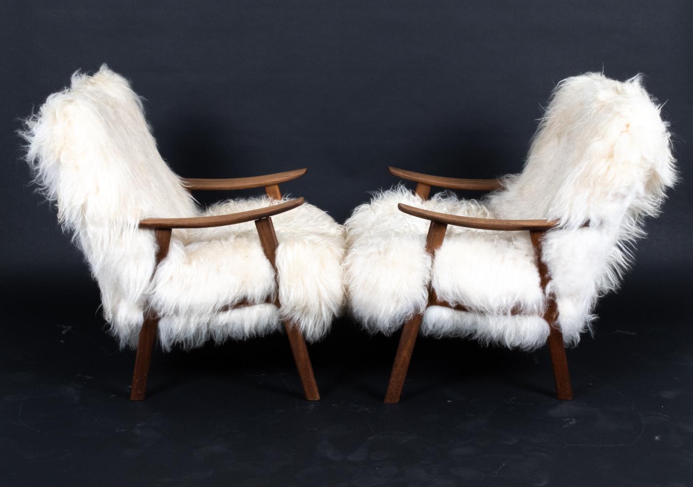 Pair of Danish Midcentury Mongolian Sheepskin Lounge Chairs & Ottomans For Sale 1