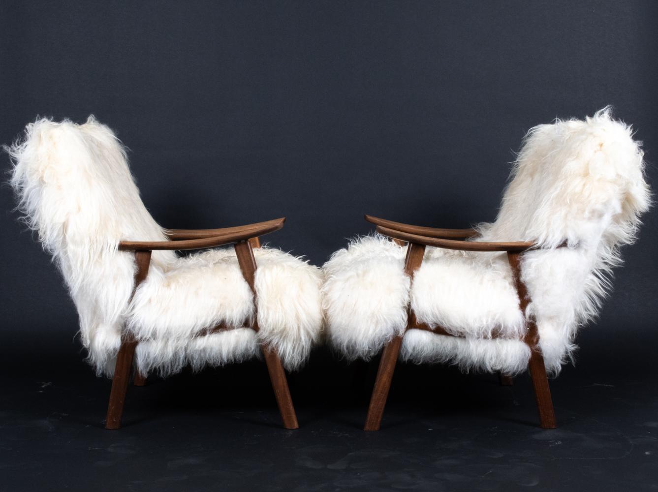 Pair of Danish Midcentury Mongolian Sheepskin Lounge Chairs & Ottomans For Sale 2