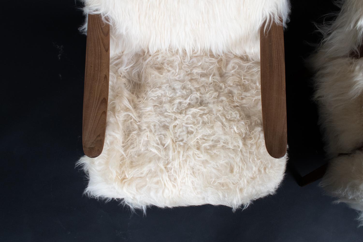 Pair of Danish Midcentury Mongolian Sheepskin Lounge Chairs & Ottomans For Sale 3
