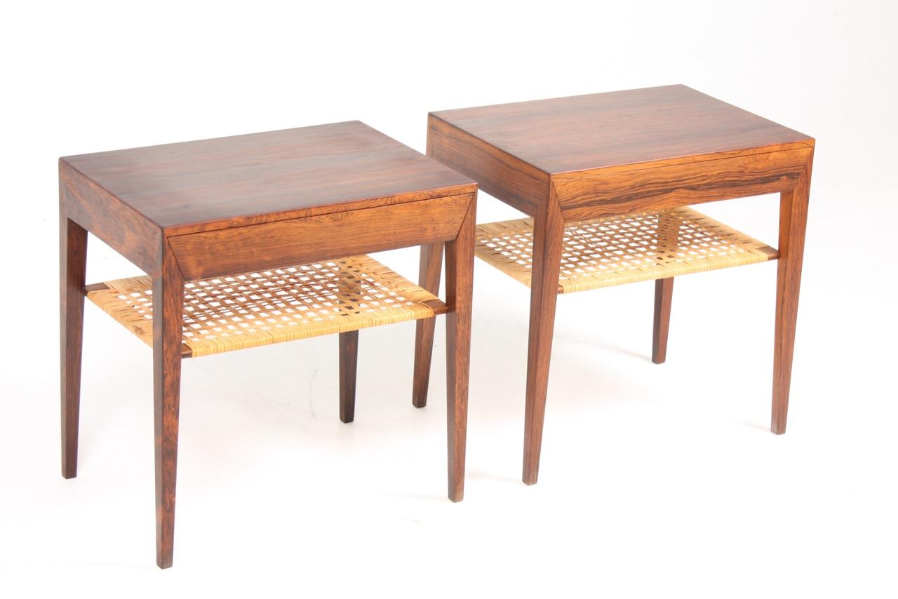 Stunning pair of nightstands in rosewood and cane. Designed by Severin Hansen for Haslev Furniture of Denmark in the 1960s. Great original condition.
  