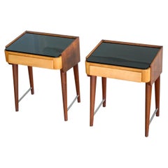 Pair of Danish Midcentury Nightstands in Teak and Elm with Black Glass Top