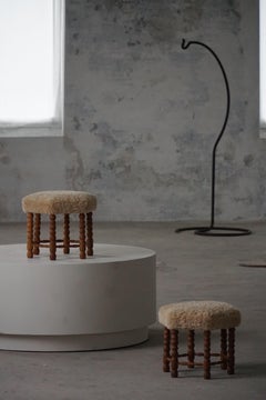 Pair of Danish Mid-Century Oak Stool with Hexagonal Seat & Bobbin Legs, 1950s