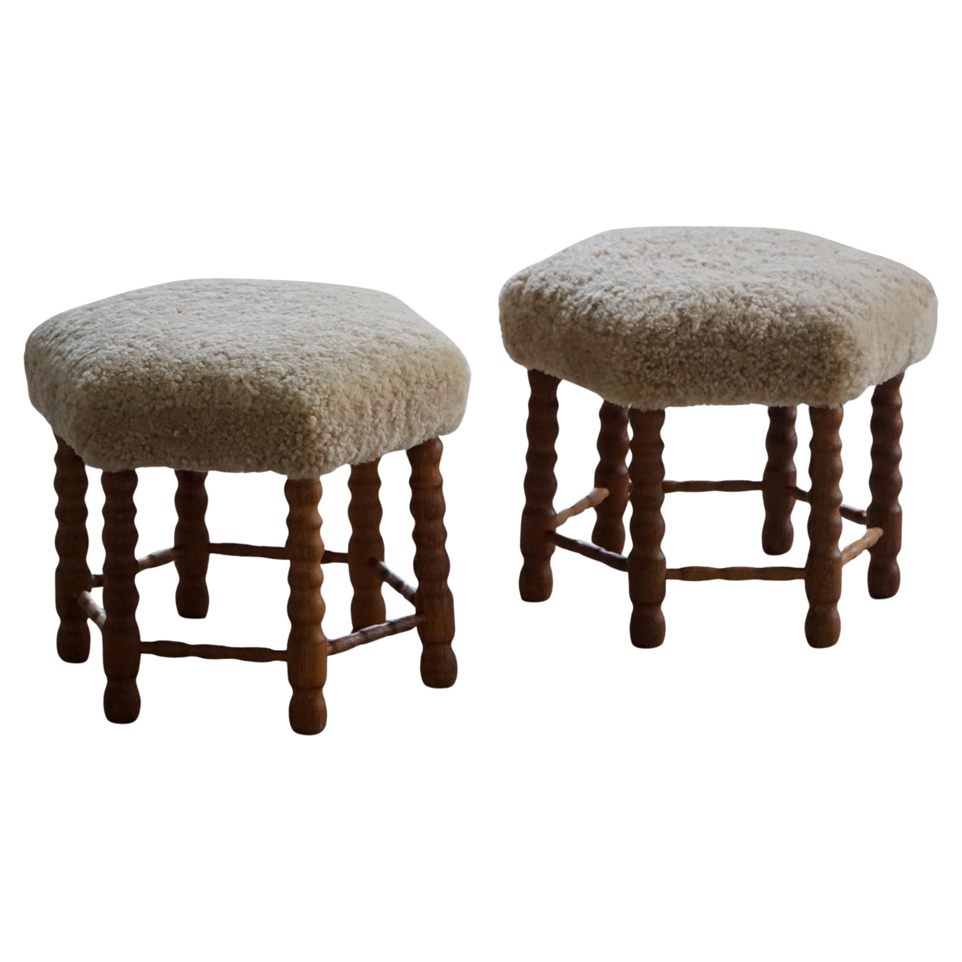 Pair of Danish Mid-Century Oak Stool with Hexagonal Seat 
Bobbin Legs, 1950s For Sale