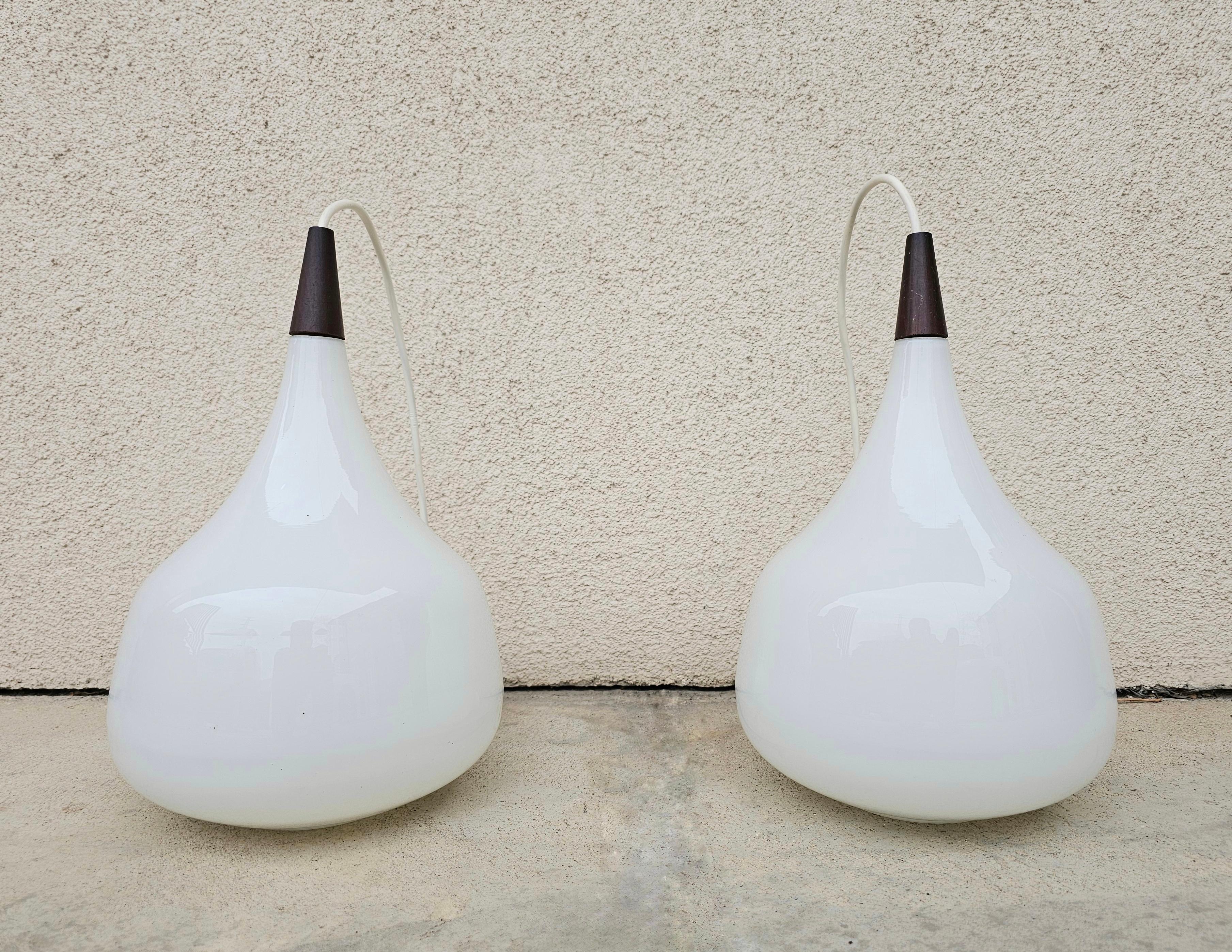 Mid-20th Century Pair of Danish Mid Century Opaline Glass Pendant Lights by Holmegaard, 1960s For Sale