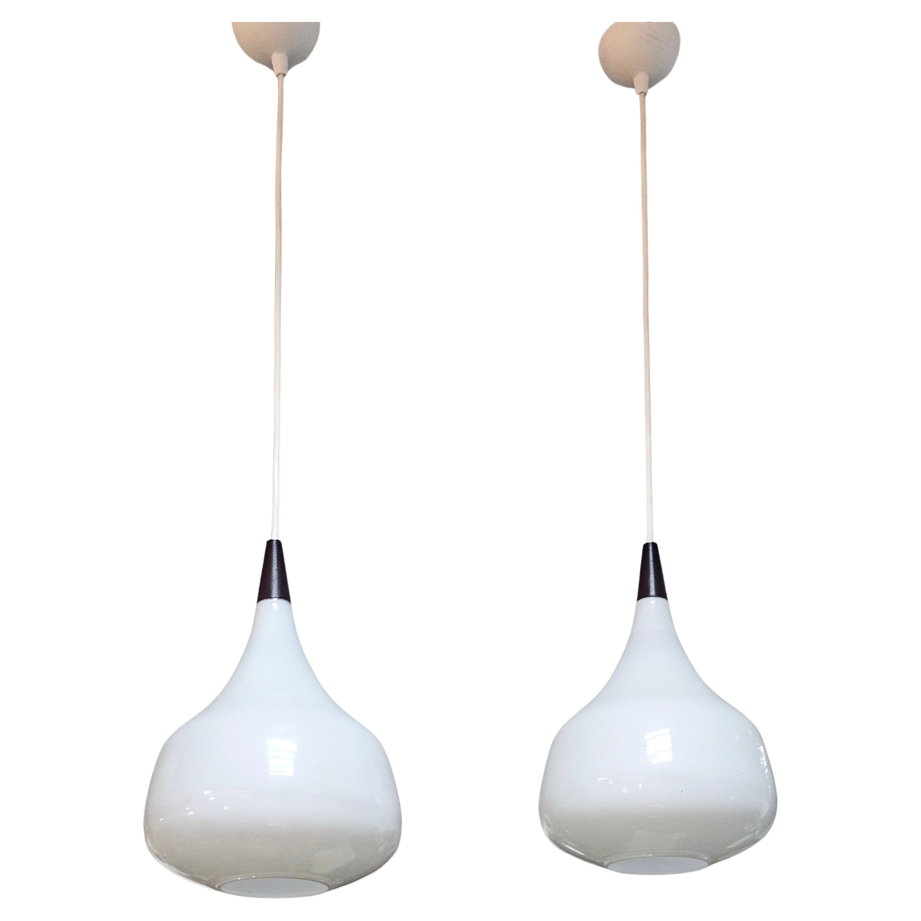 Pair of Danish Mid Century Opaline Glass Pendant Lights by Holmegaard, 1960s For Sale