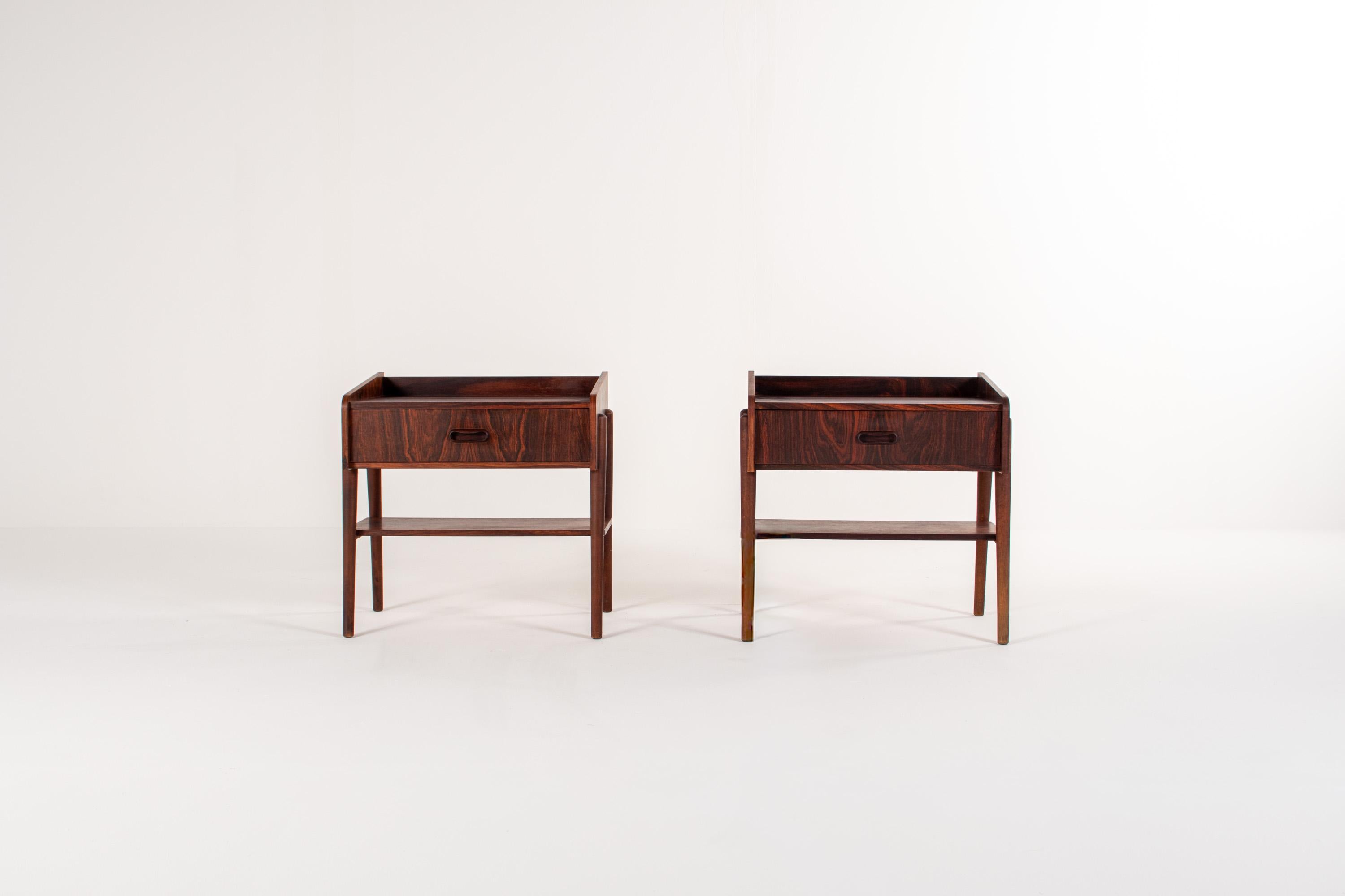 Danese Pair of Danish Mid-Century Rosewood Bedside Tables with Drawer & Shelf, 1960s in vendita