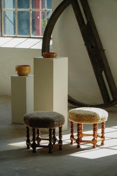 Pair of Danish Mid-Century Stools, Reupholstered in Lambswool, 1950s