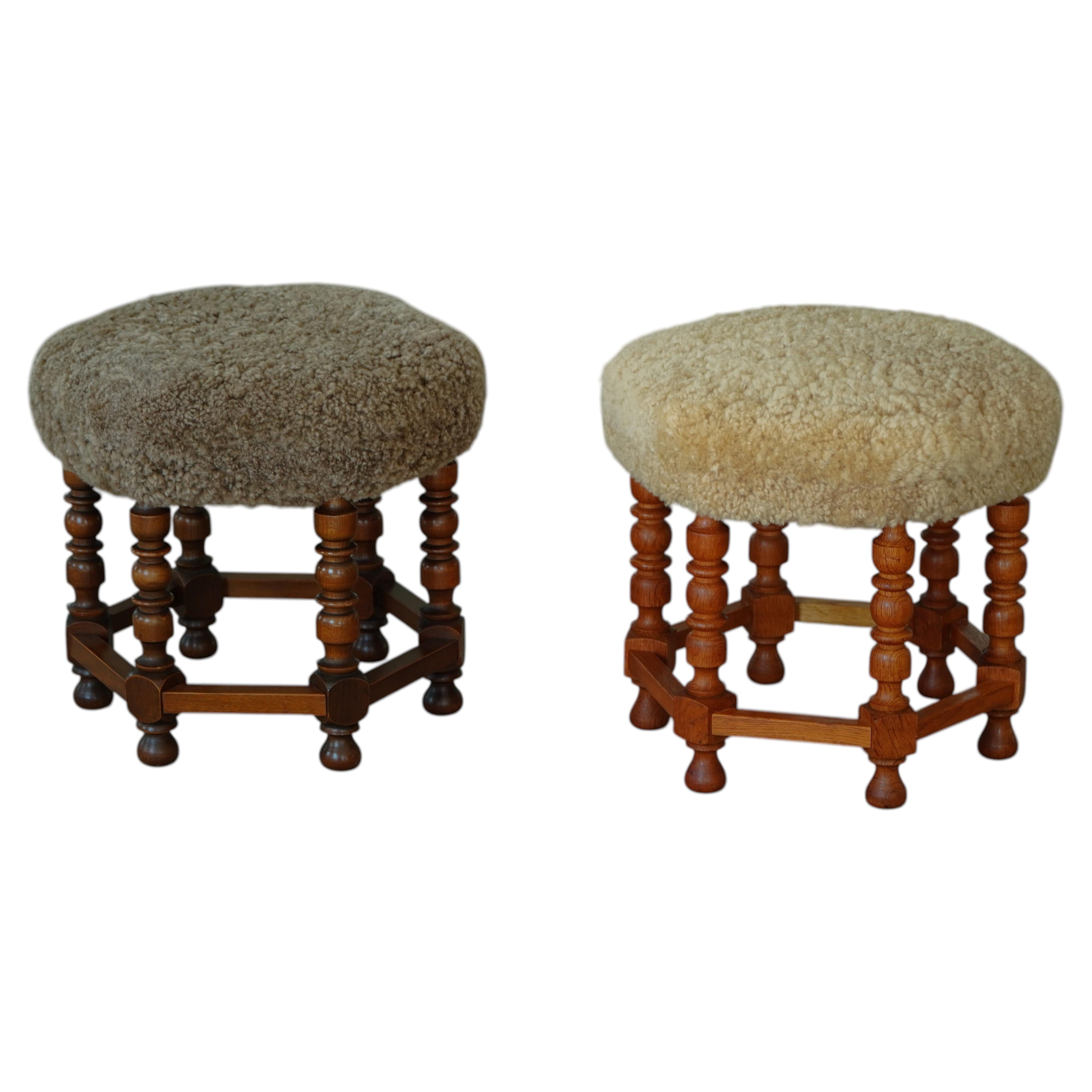 Pair of Danish Mid-Century Stools, Reupholstered in Lambswool, 1950s