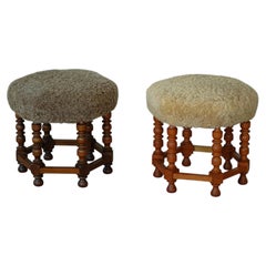 Pair of Danish Mid-Century Stools, Reupholstered in Lambswool, 1950s
