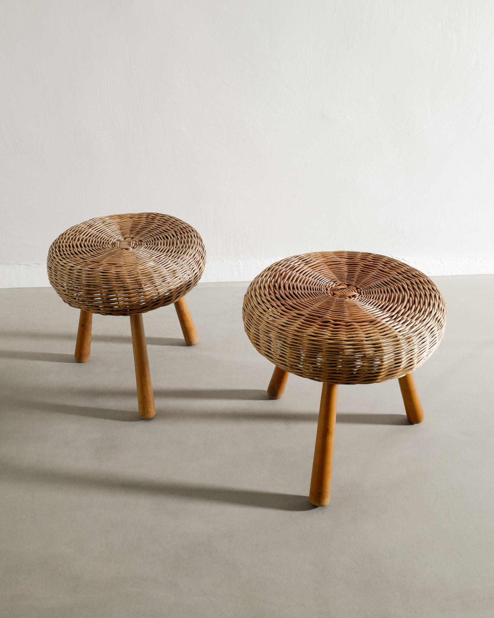 Wicker Pair of Danish Mid Century Wooden Rattan Stools in the style of Tony Paul, 1960s For Sale