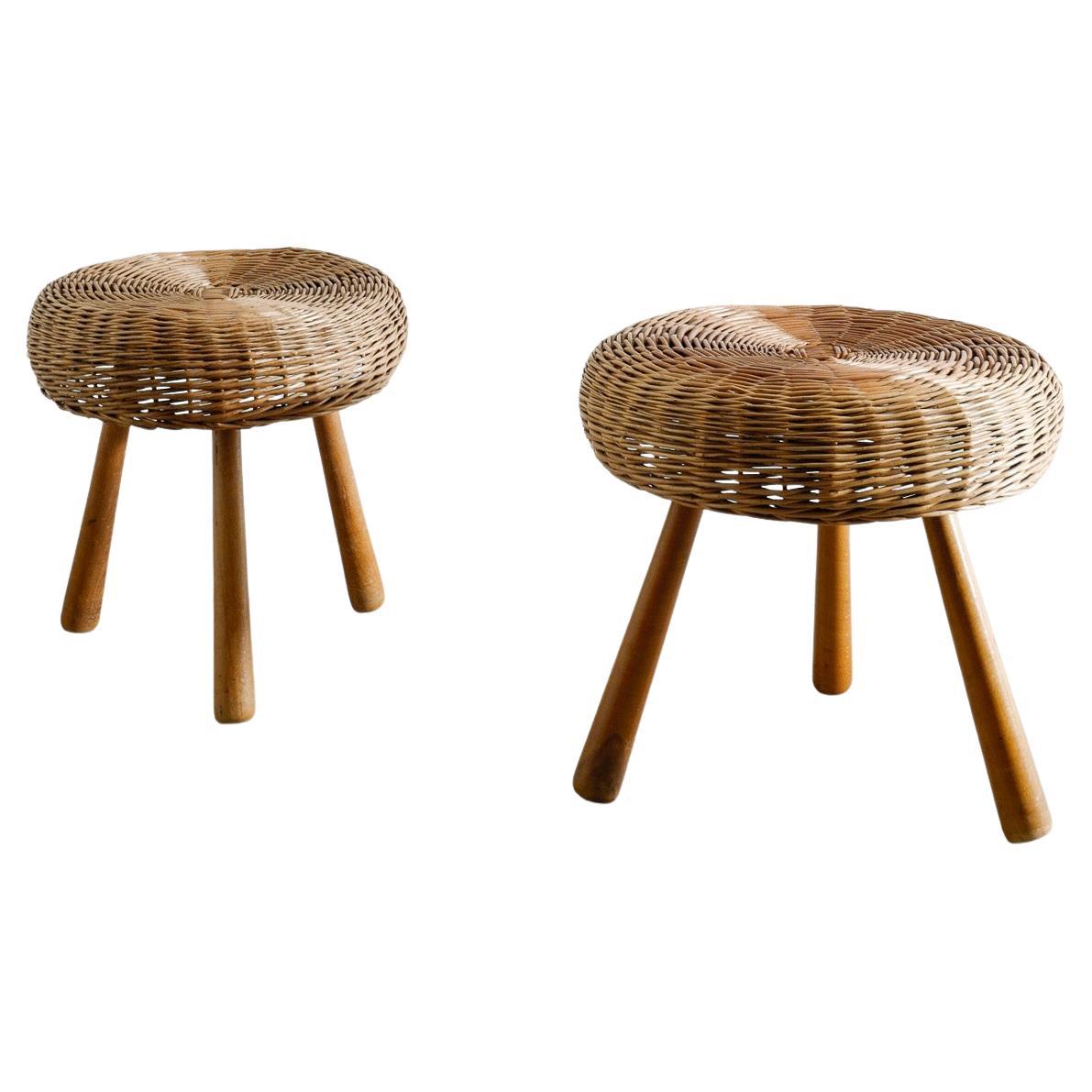 Pair of Danish Mid Century Wooden Rattan Stools in the style of Tony Paul, 1960s