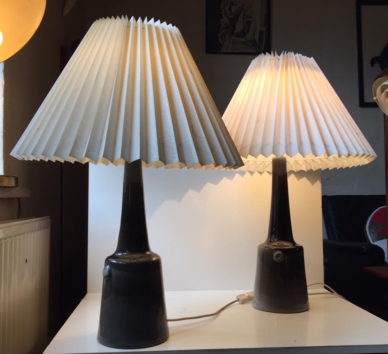 Pair of Danish Midcentury Drip & Hare's Fur Glazed Pottery Table Lamps, 1960s In Excellent Condition In Esbjerg, DK