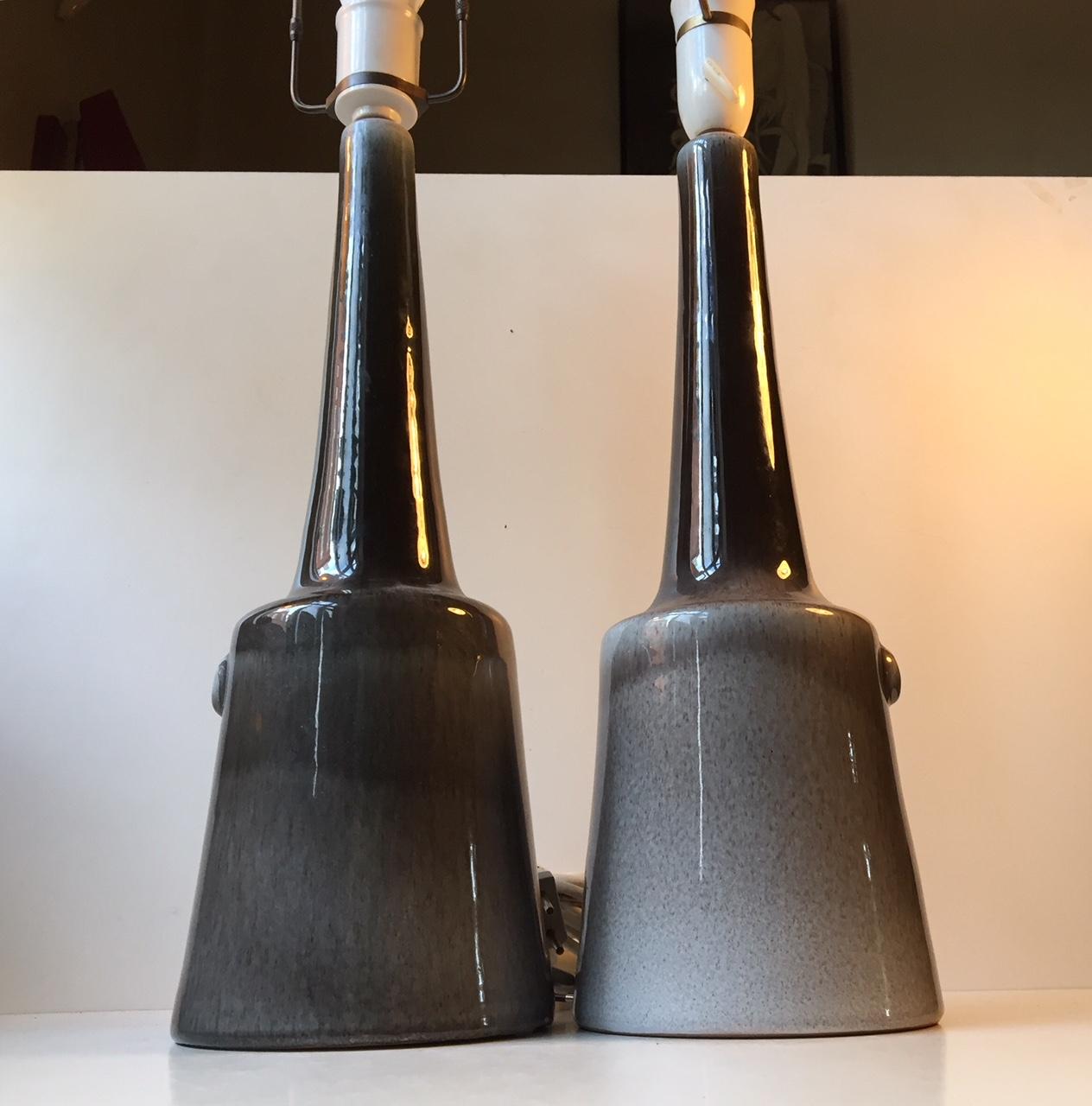 Mid-20th Century Pair of Danish Midcentury Drip & Hare's Fur Glazed Pottery Table Lamps, 1960s