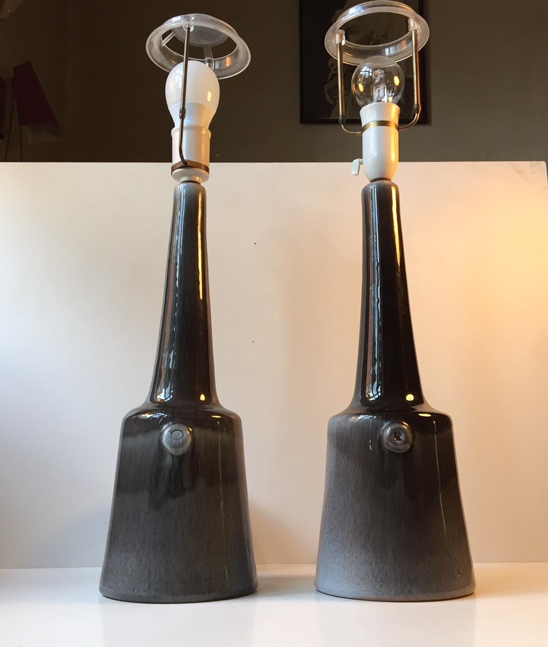 Pair of Danish Midcentury Drip & Hare's Fur Glazed Pottery Table Lamps, 1960s 2