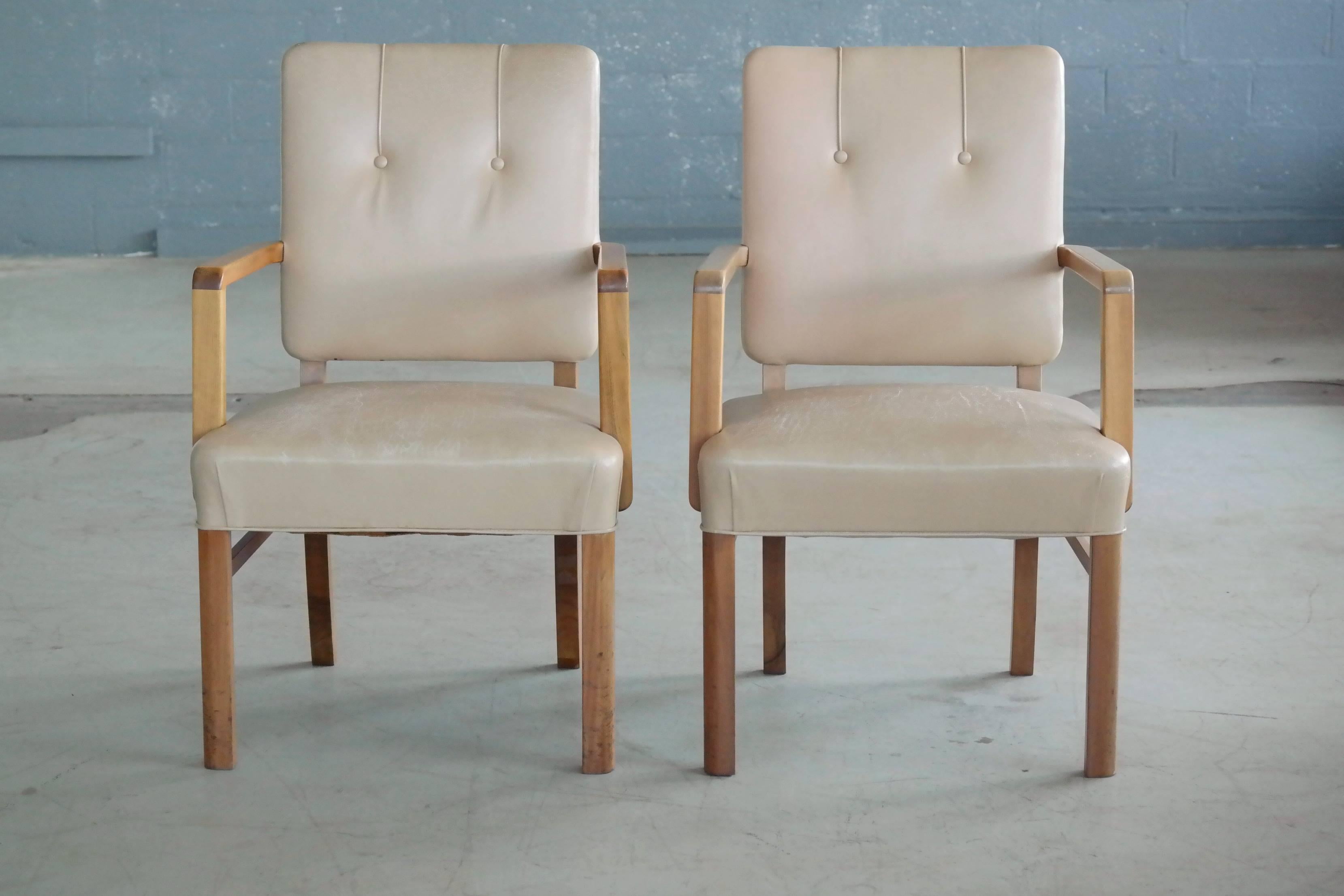 Mid-Century Modern Pair of Danish Midcentury Executive Desk or Side Chairs in Beige Leather